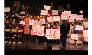 Nayer Nagui, artistic director and principal conductor of the Cairo Opera Orchestra addresses the audience. Instead of performing the scheduled Verdi's Aida, the artists staged a protest opposing the minister's decision to remove Ines Abdel Dayem from the opera's chair and opposing the "brotherhoodisation" of the Egyptian culture. Tuesday 28 May 2013 (Photo: Ayman Hafez)